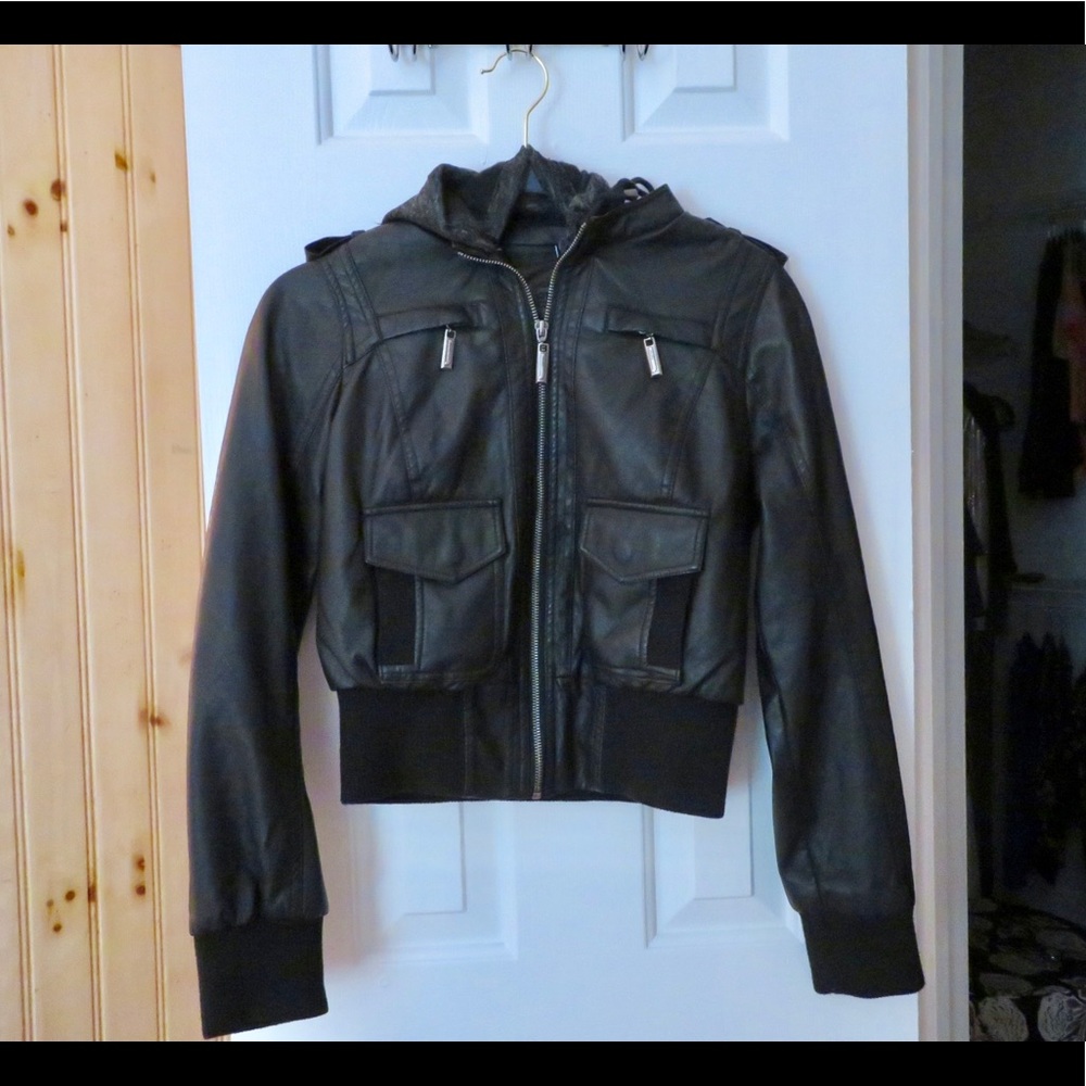 NWOT! Faux Leather Hooded Crop Black Jacket